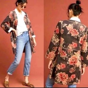 SOLD- Anthropologie Solitaire Floral Rose Faux Suede Open Front Duster Jacket